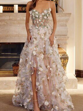 NWT Nox Anabel G1783 Floral Applique Corset Tulle Prom Dress Champagne size 12